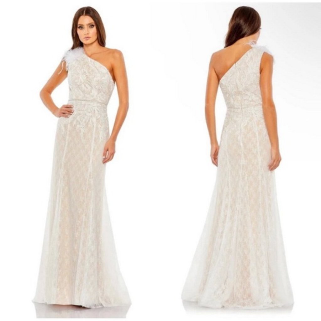 Mac Duggal Ivory Embroidered Beaded OneShoulder Feather ALine Gown